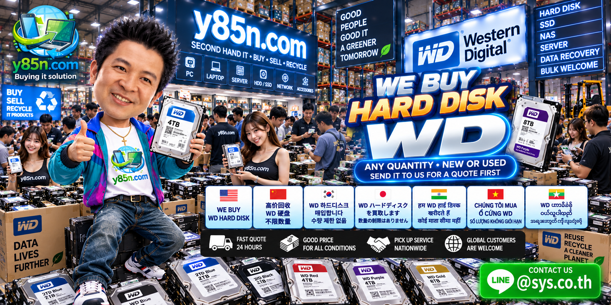 Busy Y85N.com warehouse buying Western Digital hard drives from individual and business sellers