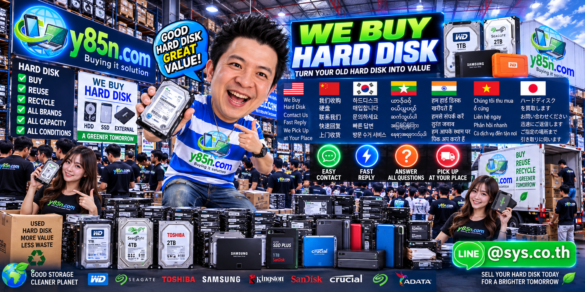 Y85N.com hard disk buying service contact banner with LINE at sys.co.th