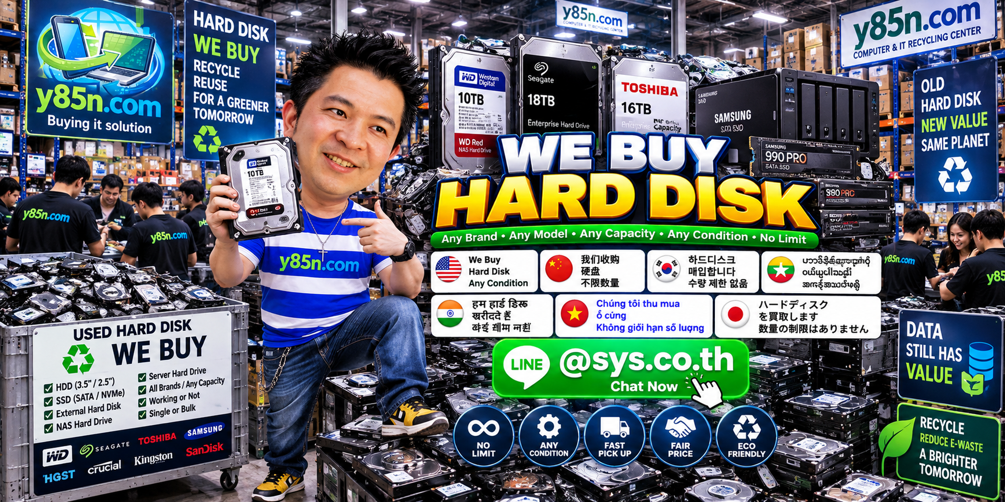 Y85N.com team handling bulk used hard disk drives in a busy computer warehouse