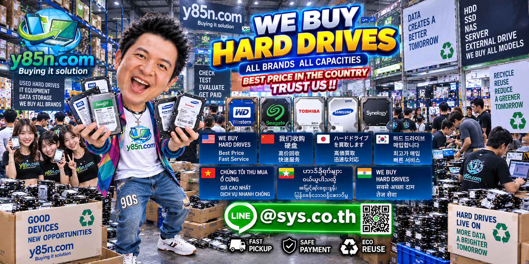 Y85N.com warehouse buying used, enterprise, server, NAS and bulk hard drives in Thailand