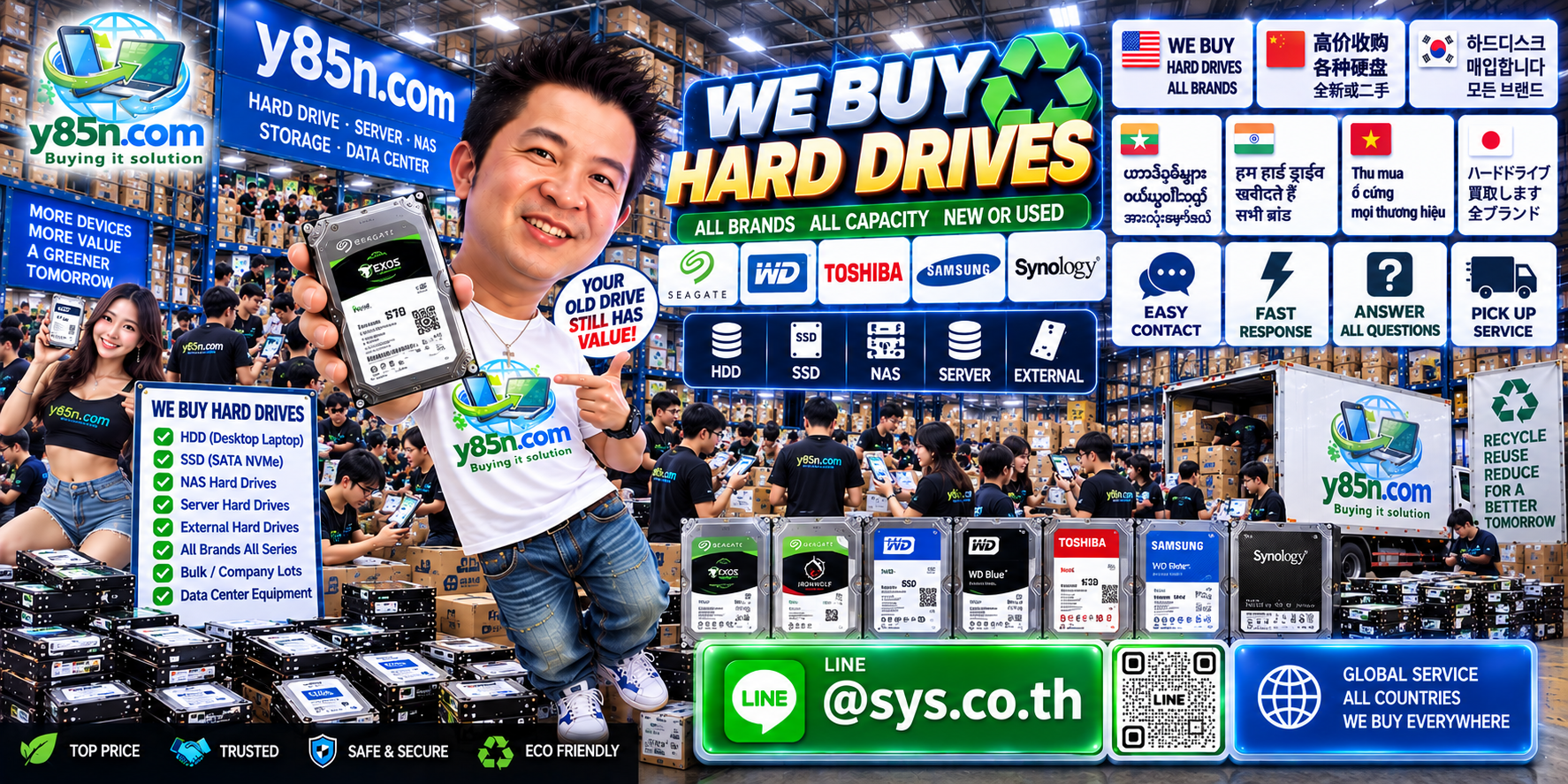 Y85N.com hard drive buying service contact banner with LINE at sys.co.th
