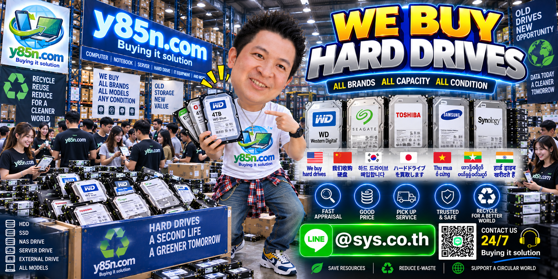Busy Y85N.com warehouse buying used, enterprise, NAS, server and bulk hard drives in Thailand