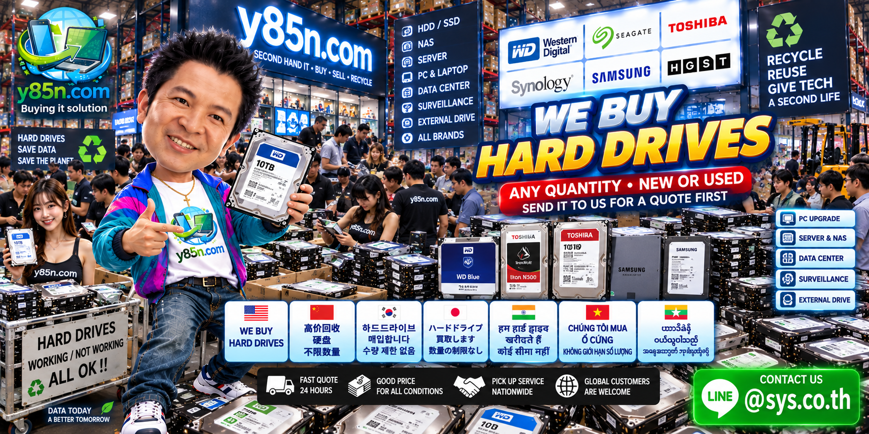 Y85N.com team and customers at a busy hard drive buying warehouse in Thailand
