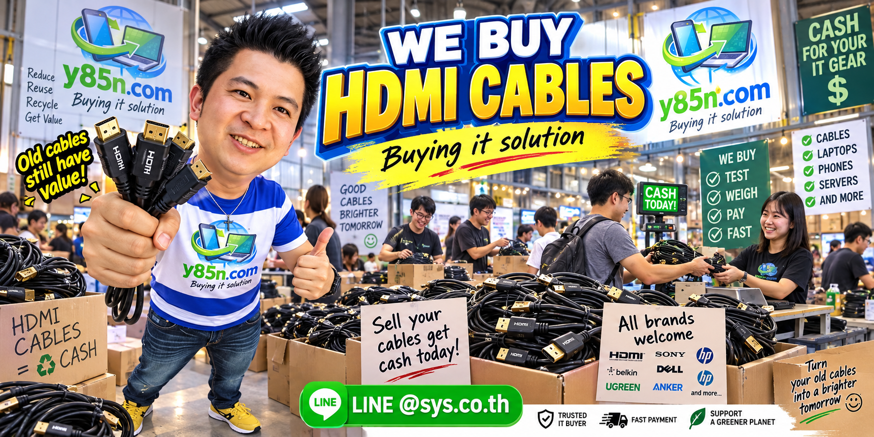 Busy Y85N.com warehouse buying used and bulk HDMI cables in Thailand