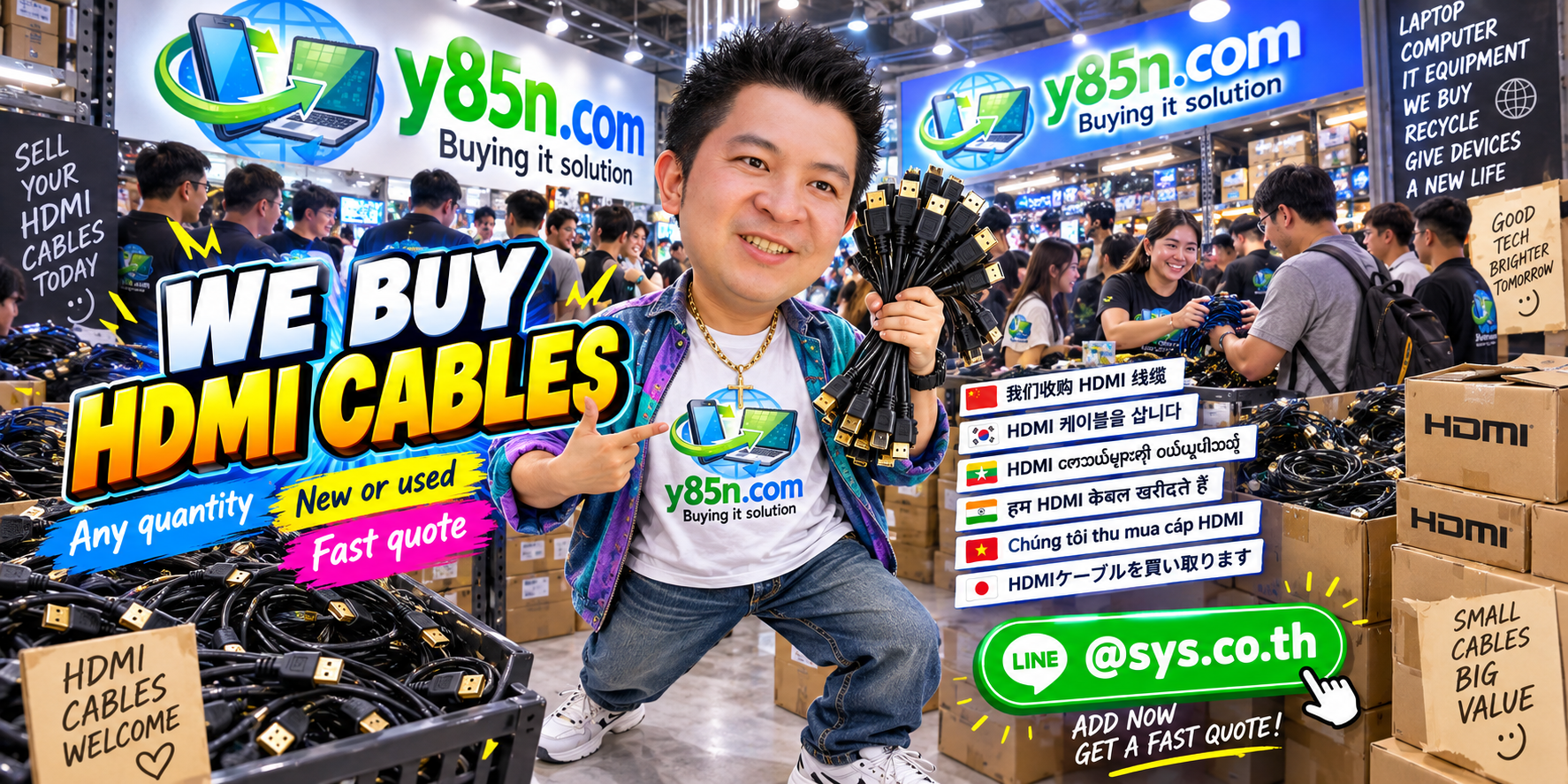 Busy Y85N.com HDMI cable buying warehouse with customers and staff