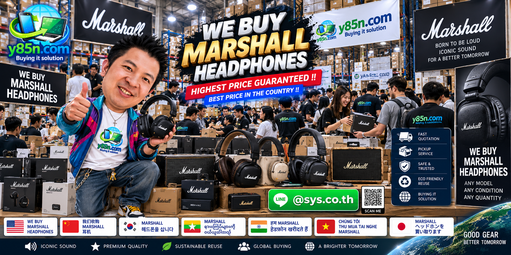 Y85N.com warehouse buying Marshall headphones with international seller messaging