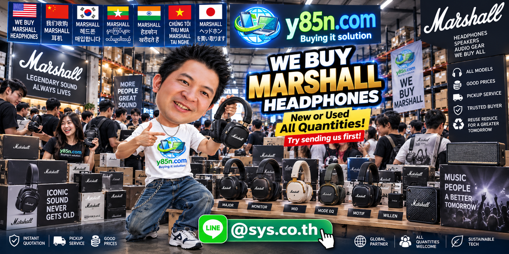 Y85N.com team and customers at a busy warehouse buying Marshall headphones