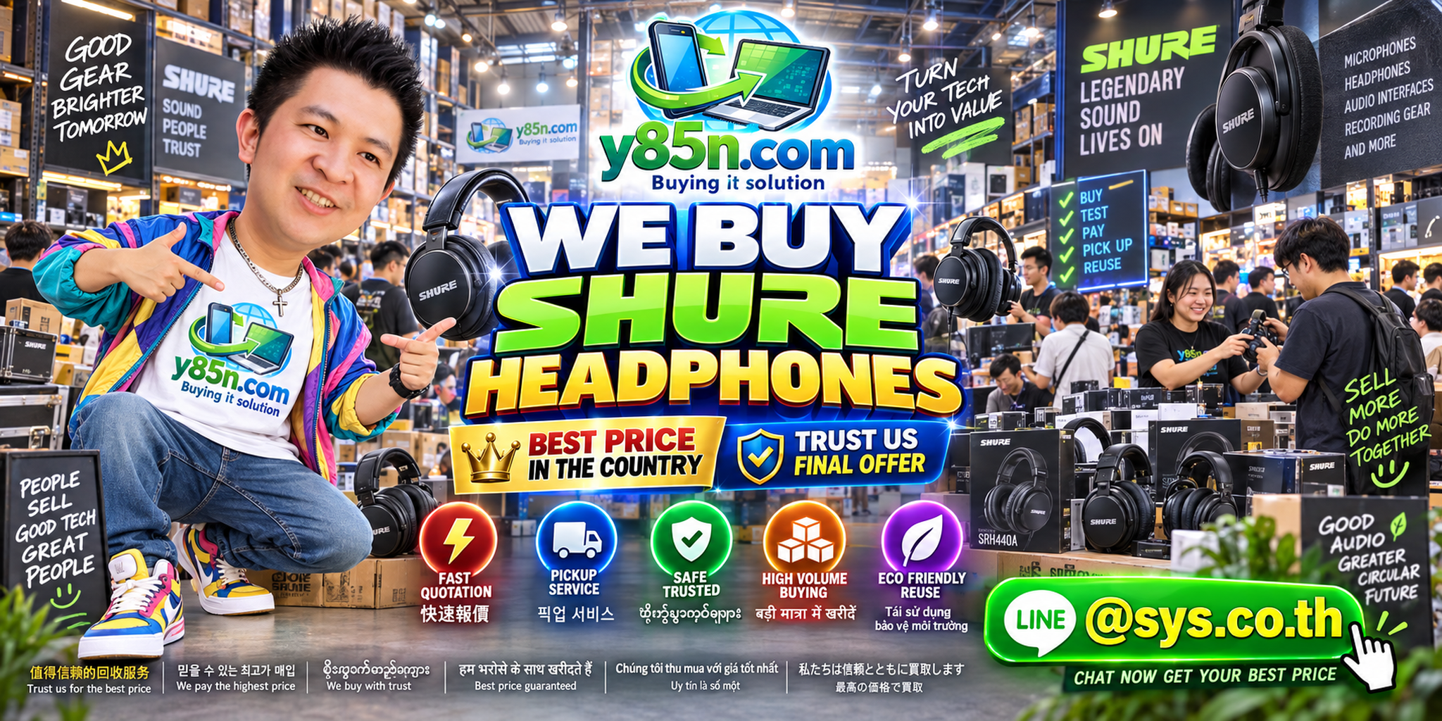 Y85N.com warehouse buying used Shure headphones with international seller messaging