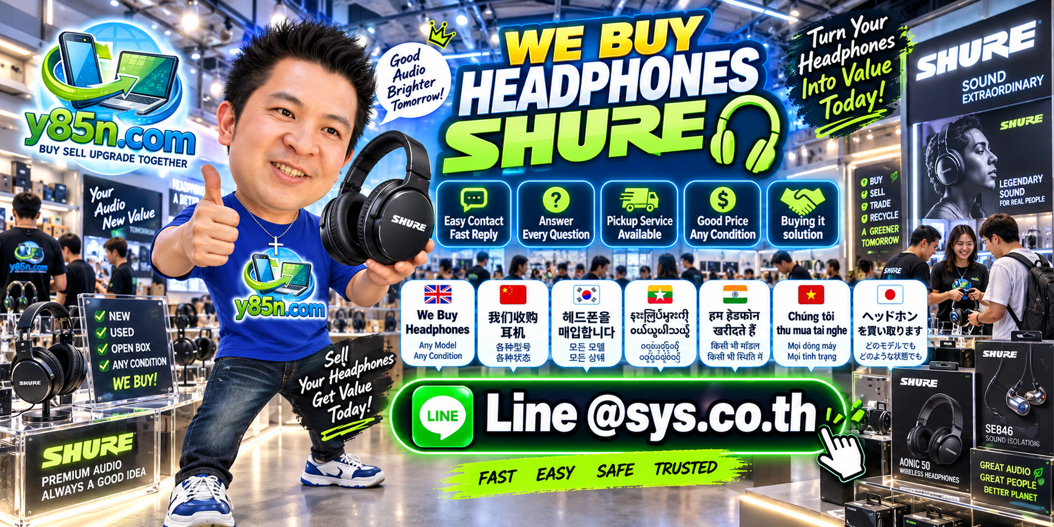 Y85N.com Shure headphone buying contact banner with LINE at sys.co.th