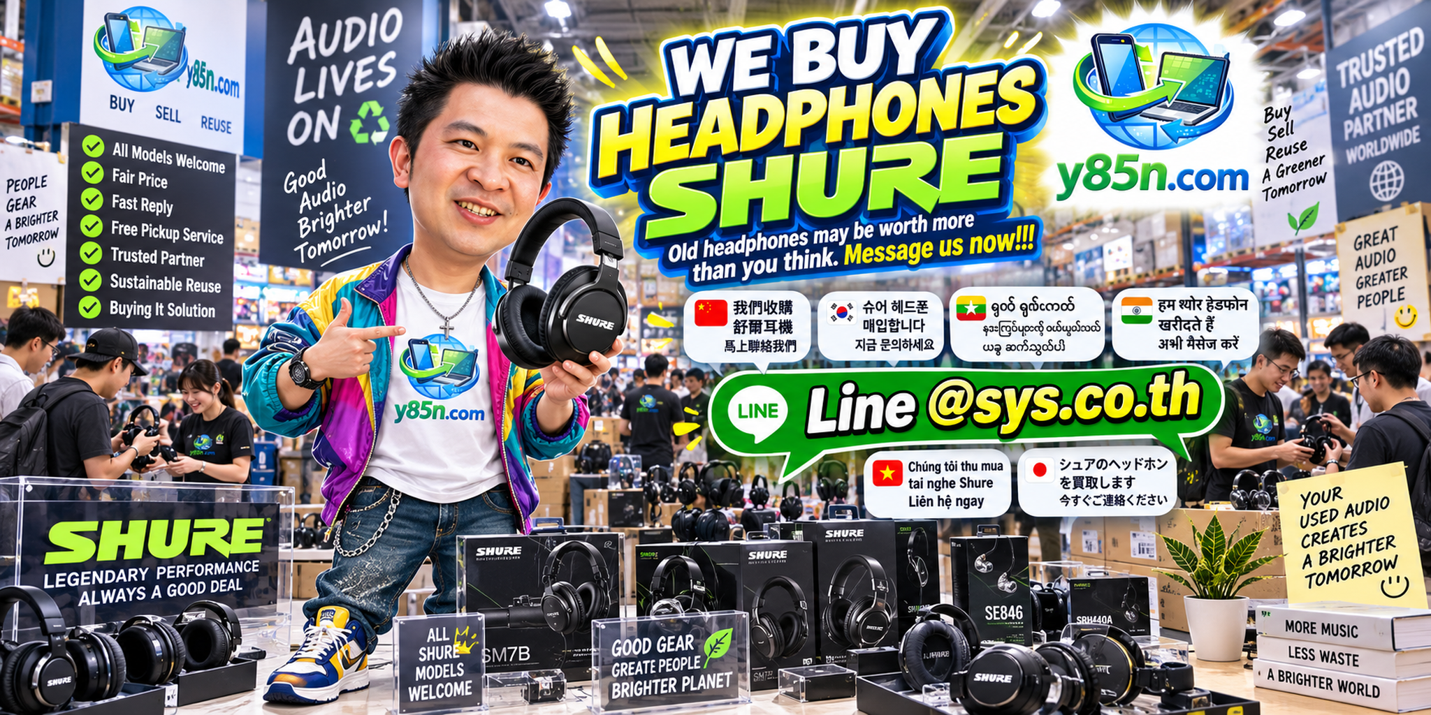 Busy Y85N.com warehouse promoting Shure headphone buying service in Thailand