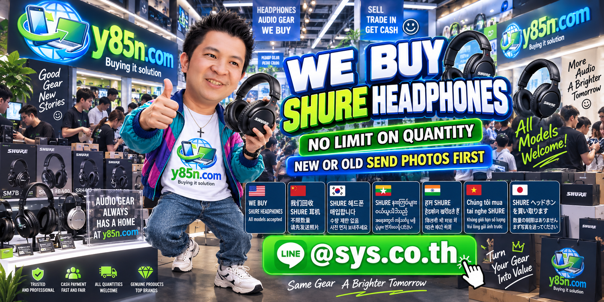 Y85N.com team and customers at a busy warehouse buying Shure headphones and professional audio equipment