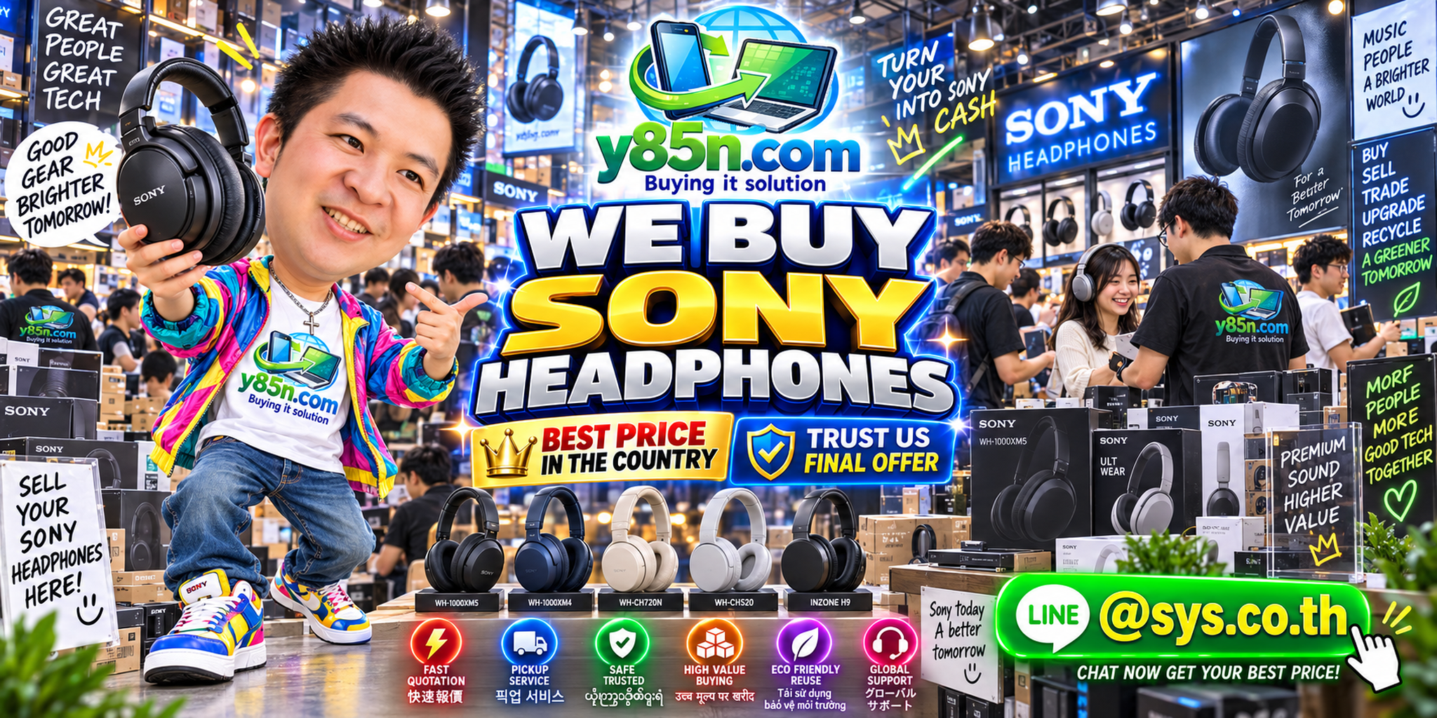 Y85N.com warehouse buying used Sony headphones with international seller support in Thailand