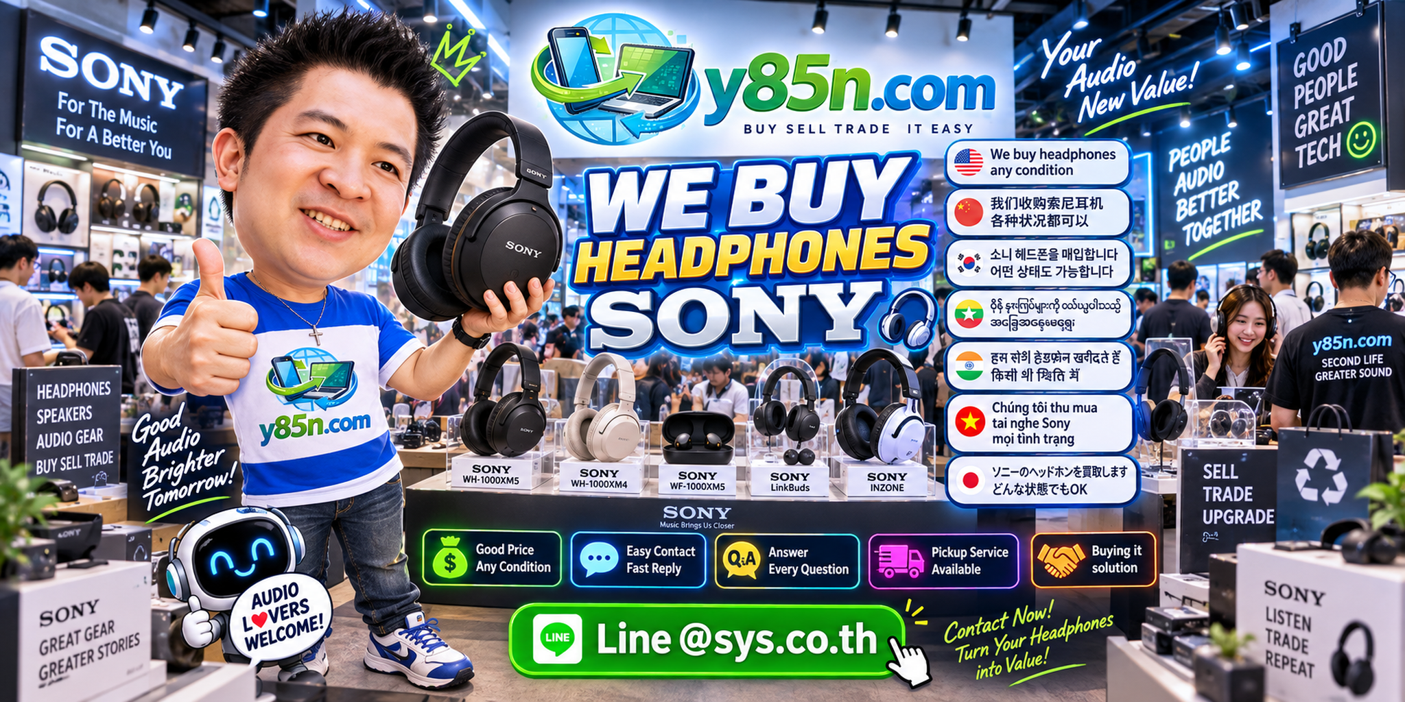 Y85N.com Sony headphone buying service contact banner with LINE at sys.co.th