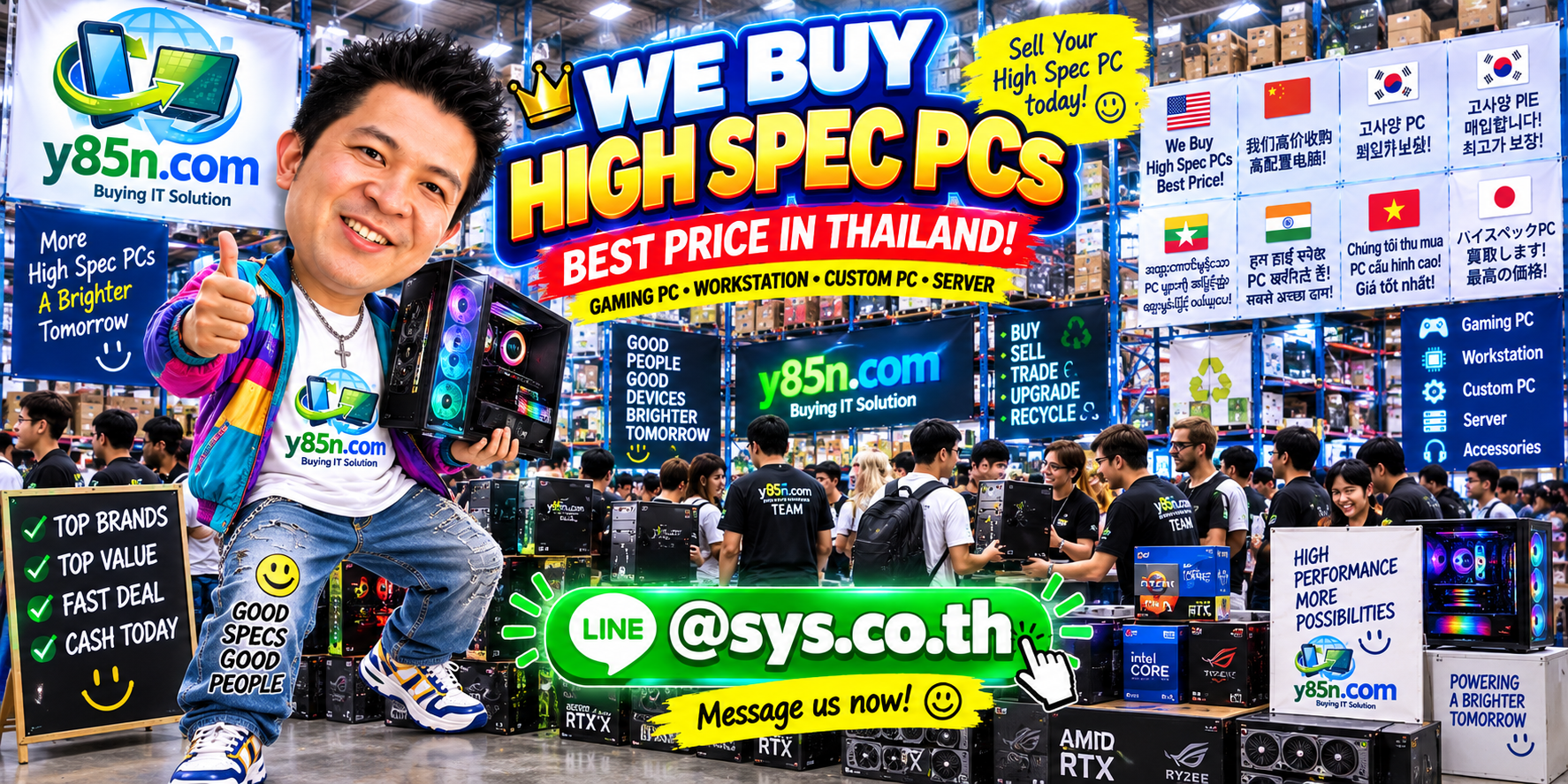 Y85N.com warehouse buying used IT equipment with international seller messaging