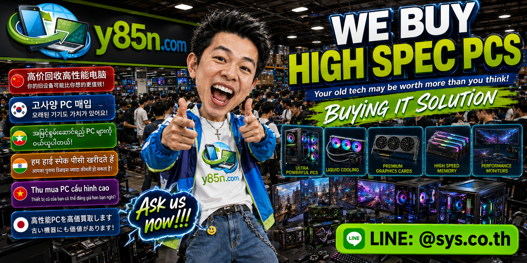 Y85N.com team and customers at a busy computer and IT equipment buying warehouse