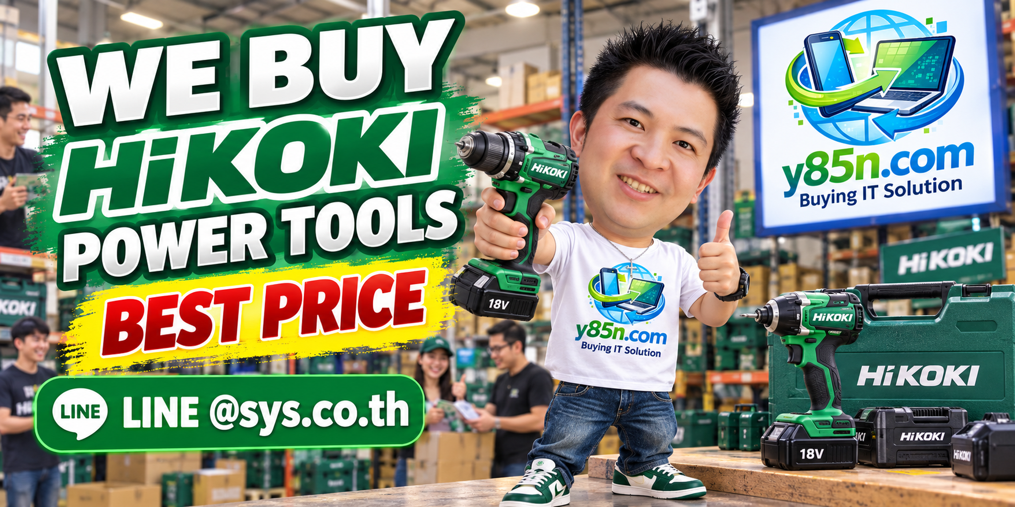 Y85N.com warehouse buying HiKOKI power tools with international seller messaging