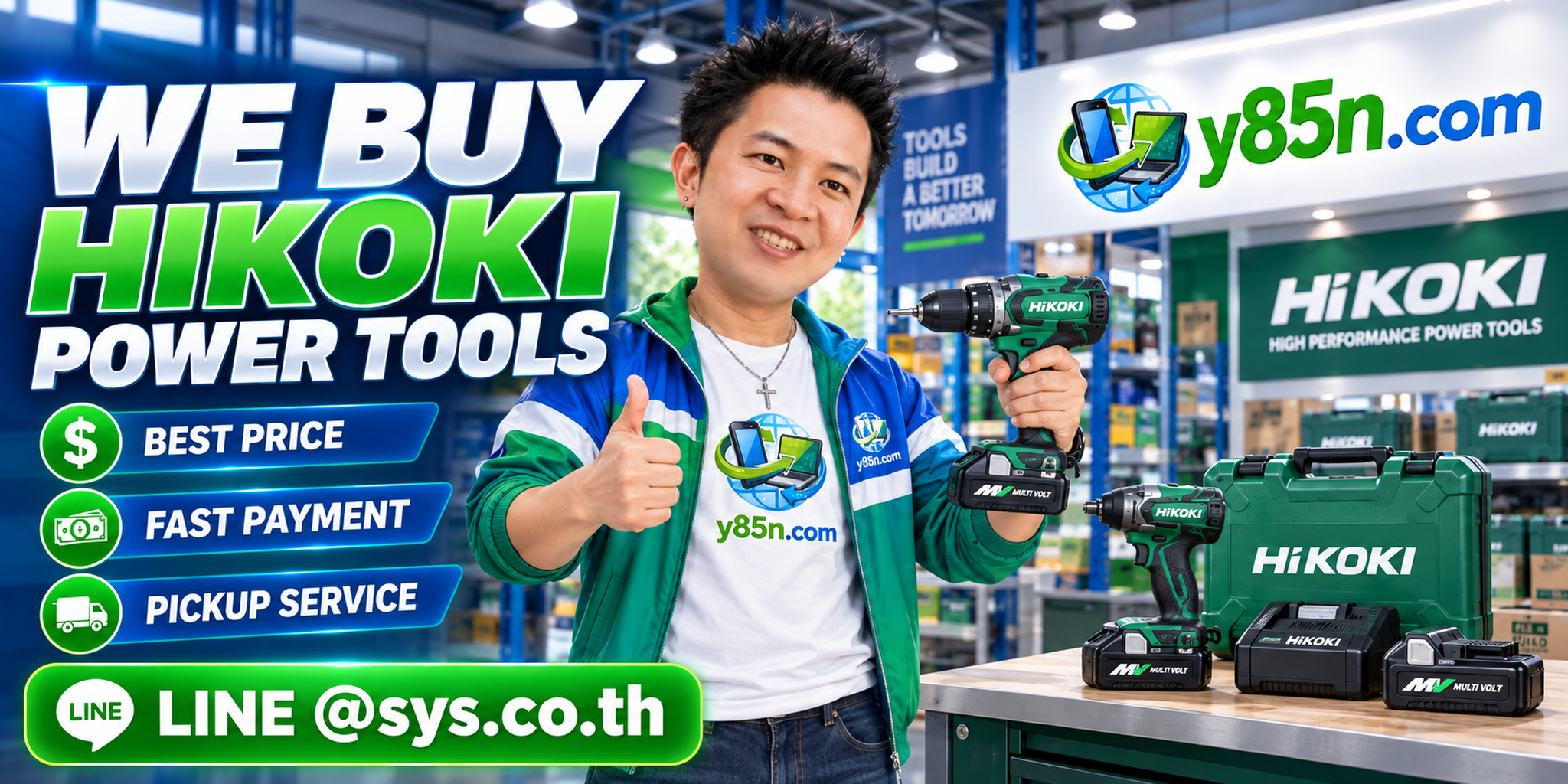 Y85N.com HiKOKI power tool buying contact banner with LINE at sys.co.th