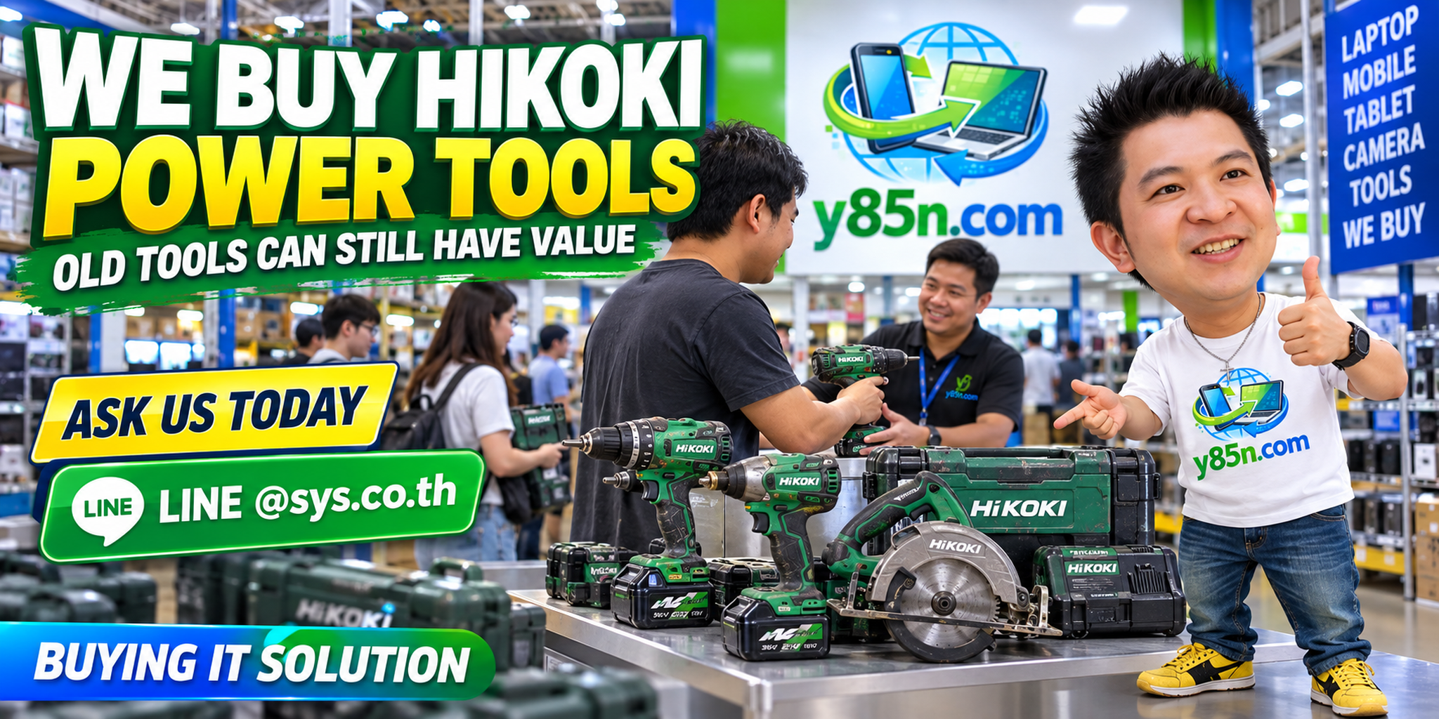 Busy Y85N.com warehouse buying used and bulk HiKOKI power tools in Thailand