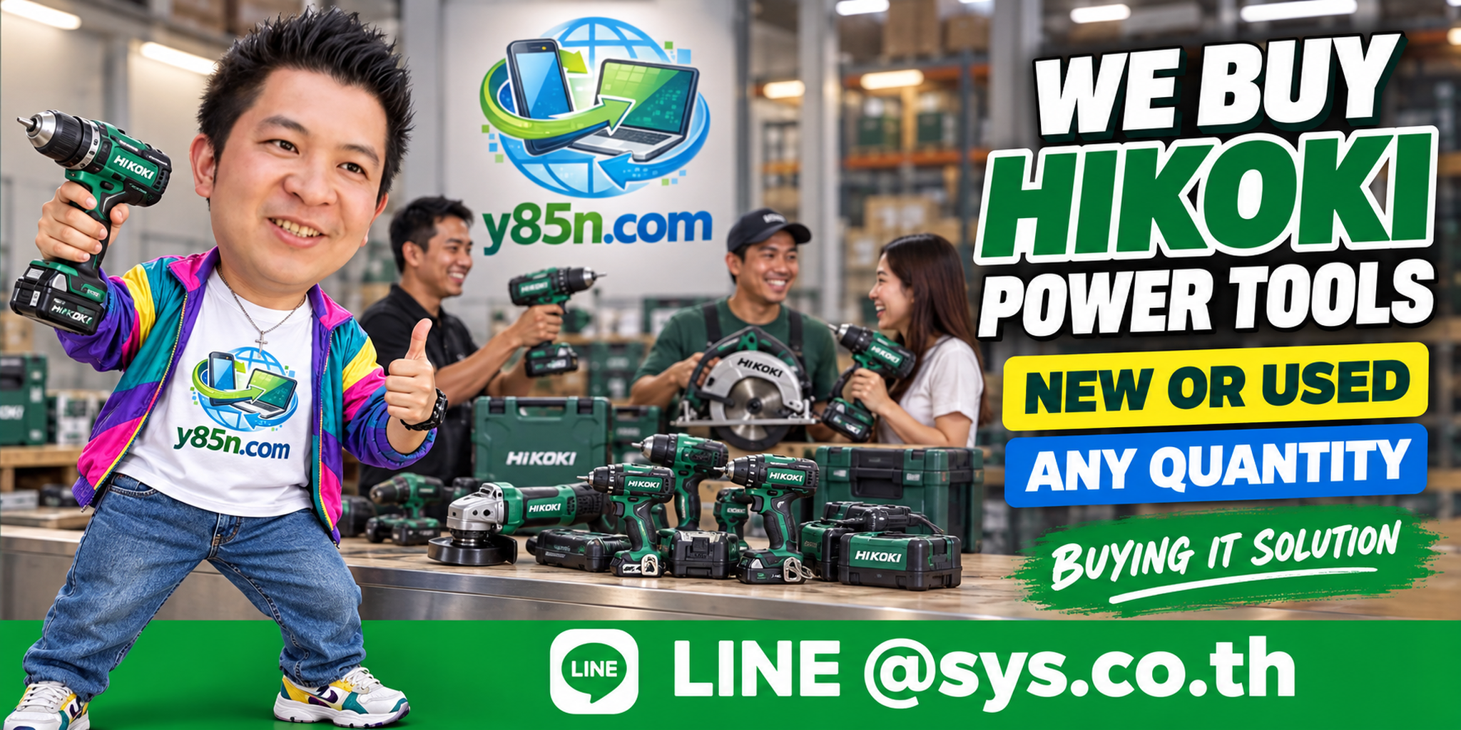 Y85N.com team and customers at a busy warehouse buying HiKOKI power tools
