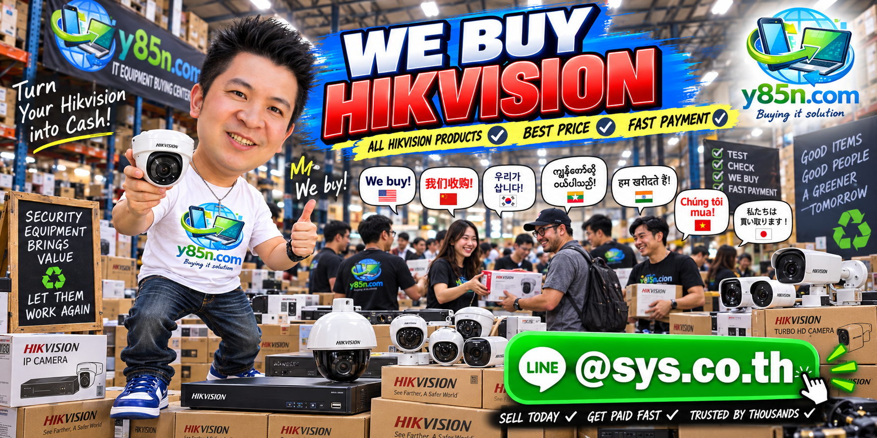Y85N.com warehouse buying used Hikvision cameras and surveillance equipment