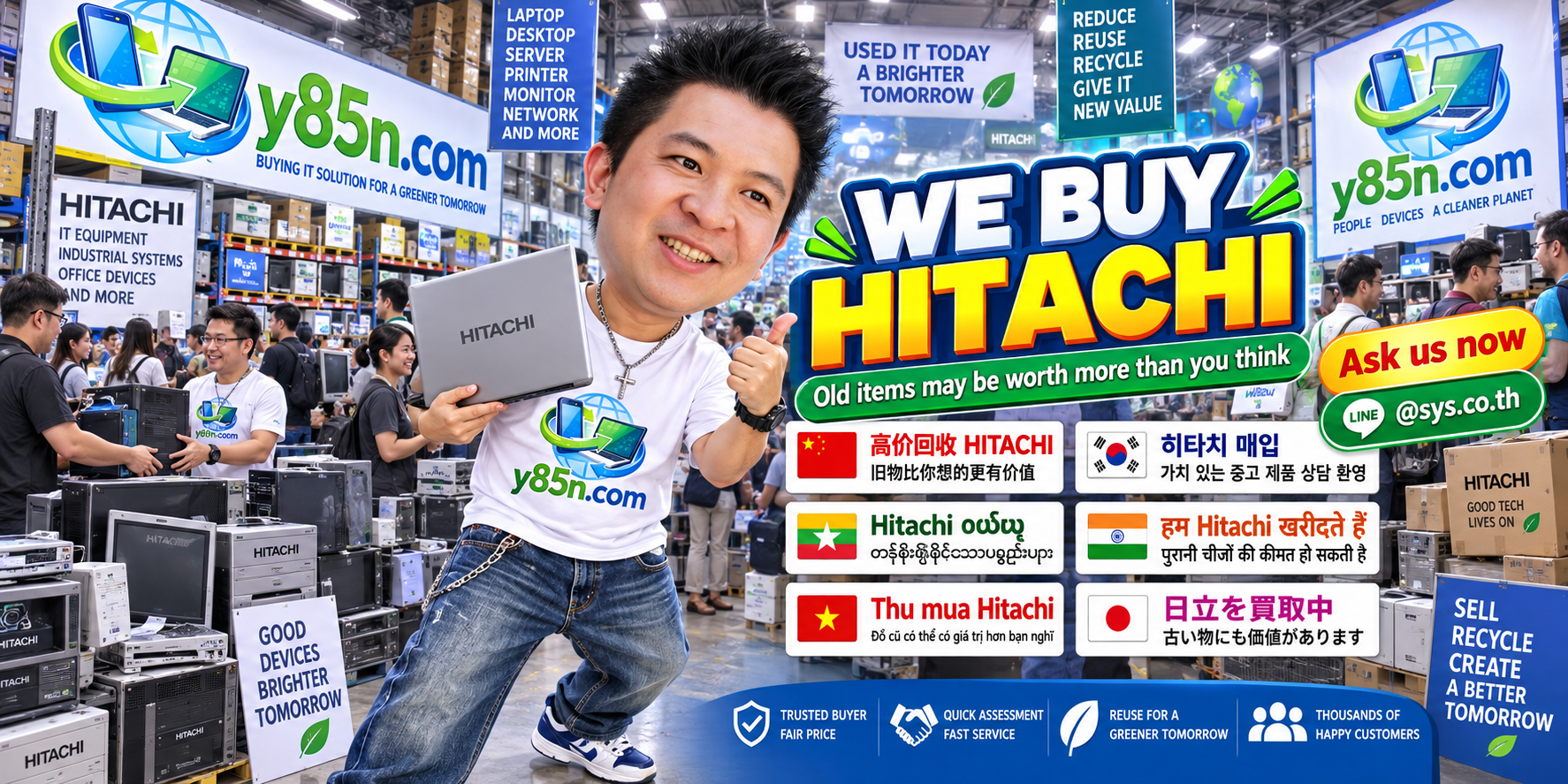Busy Y85N.com warehouse buying used and bulk Hitachi appliances in Thailand