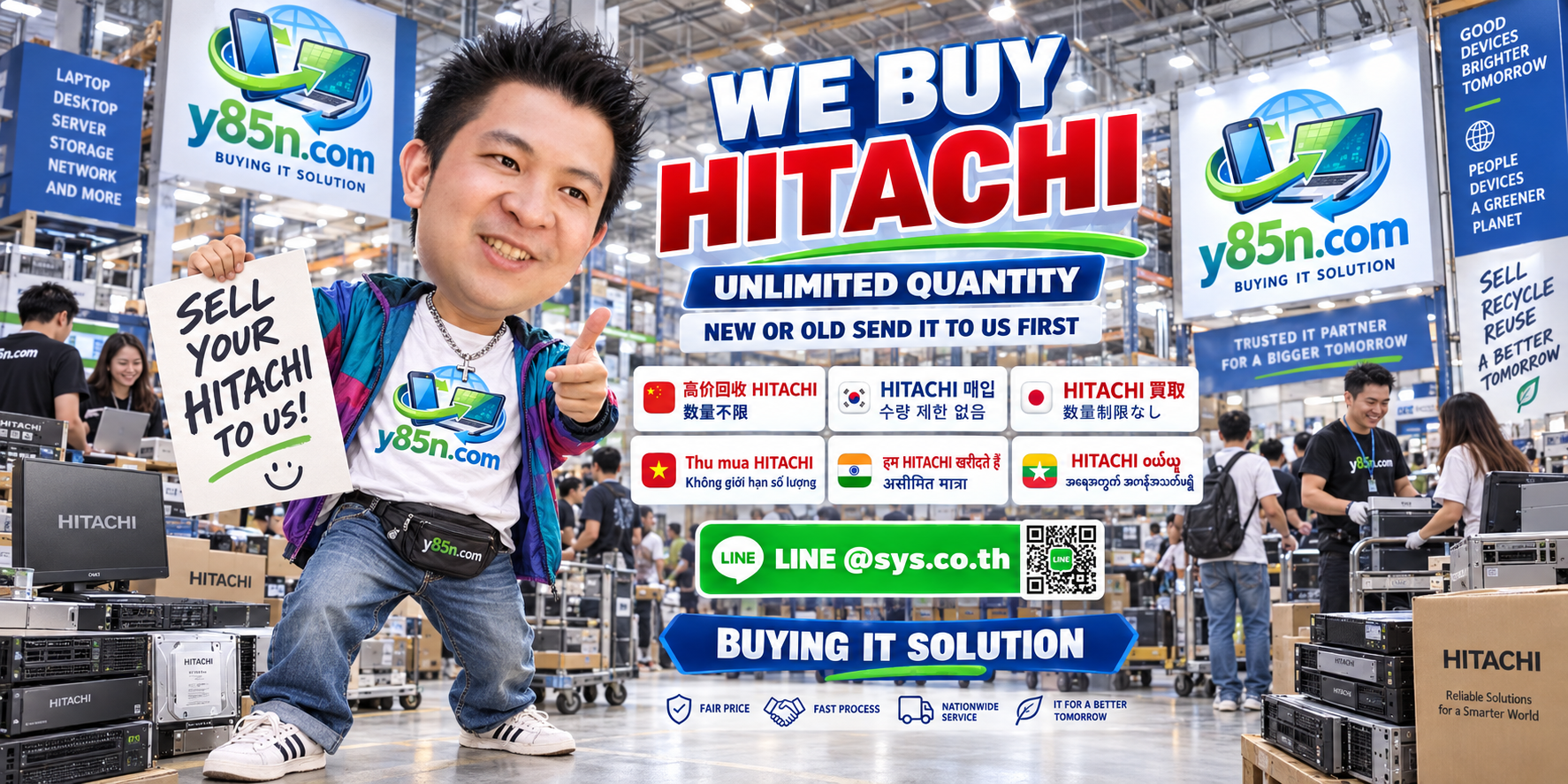 Y85N.com team and customers with Hitachi appliances in a busy warehouse