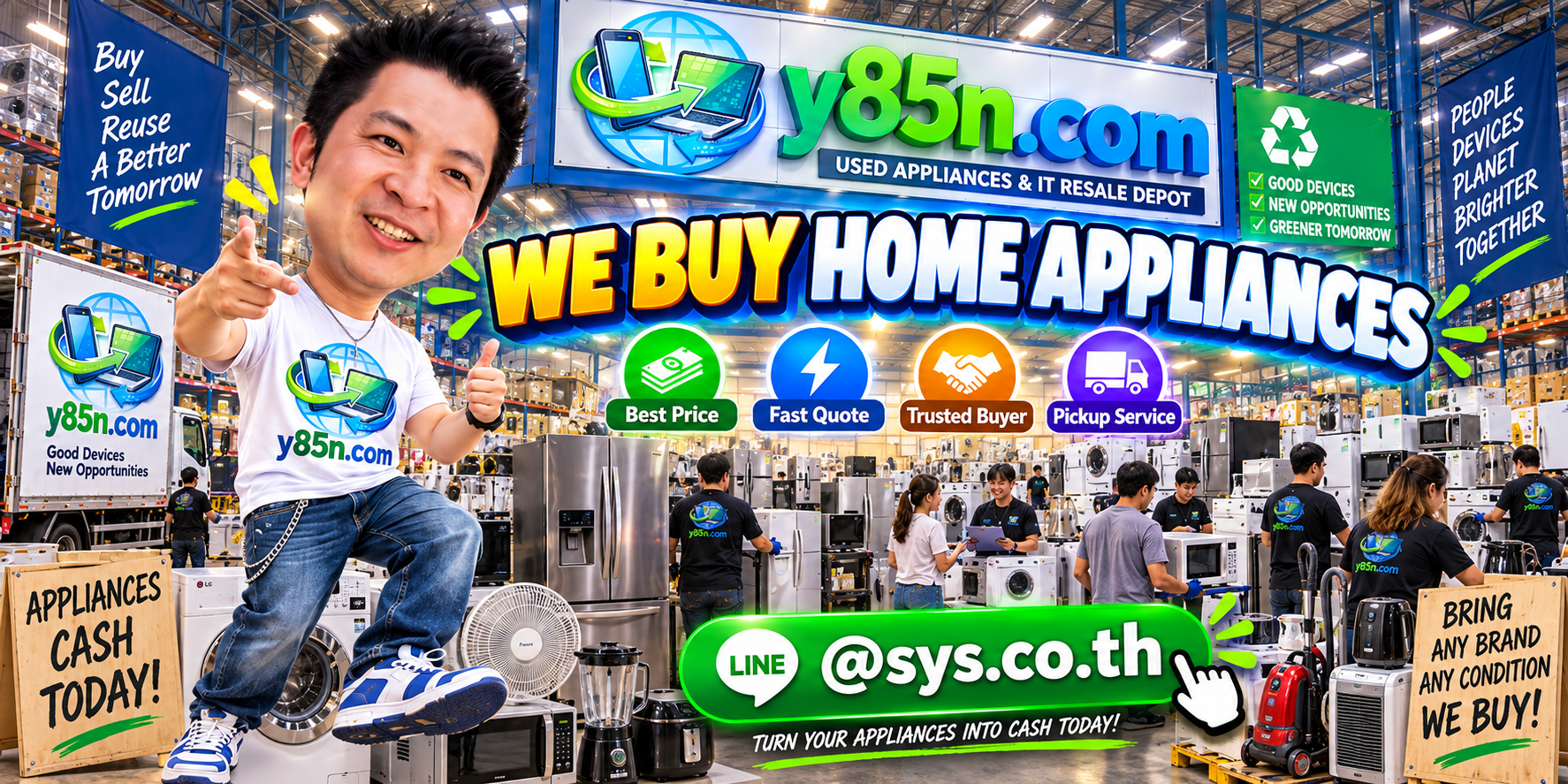 Busy Y85N.com home appliance buying warehouse with many customers and appliances