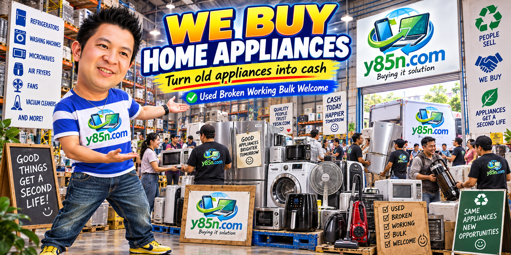Y85N.com team and customers in a lively home appliance buying warehouse