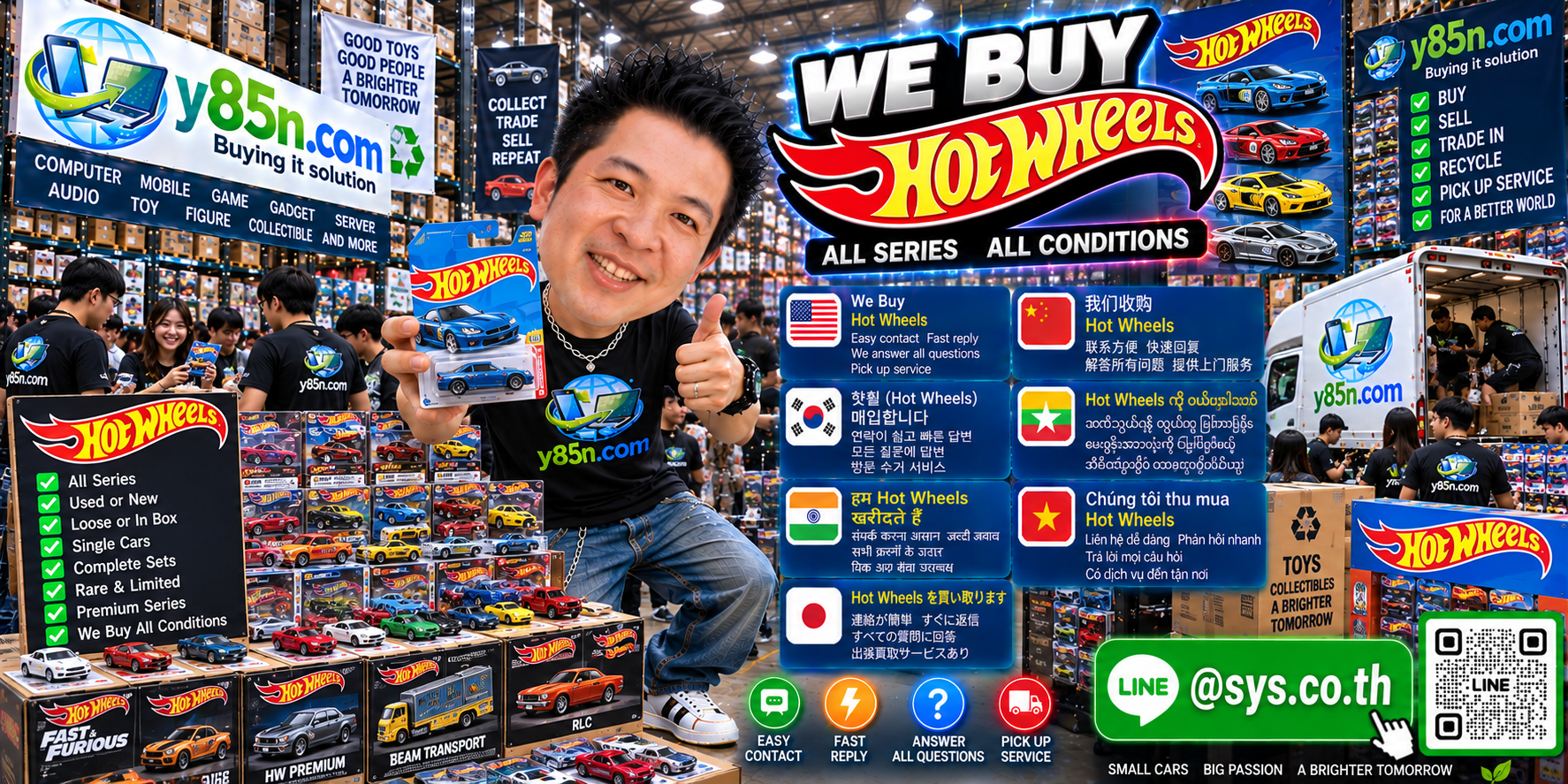 Y85N.com Hot Wheels buying service contact banner with LINE at sys.co.th