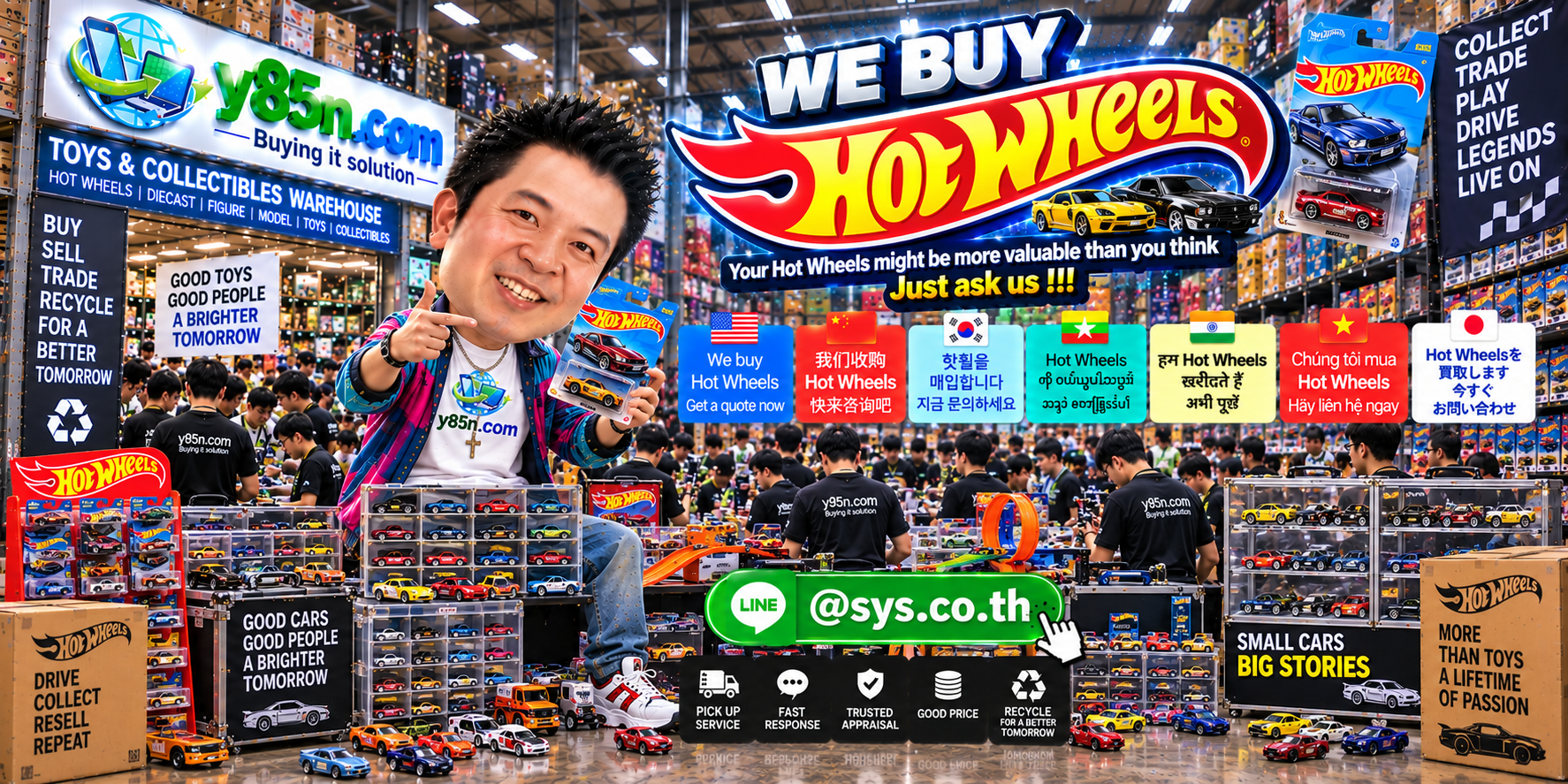 Y85N.com Hot Wheels buying service in a busy Thailand warehouse showroom