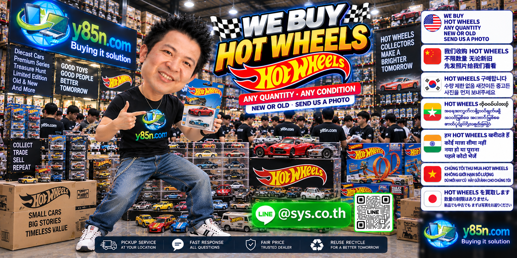 Y85N.com team evaluating Hot Wheels collections in a busy warehouse style showroom