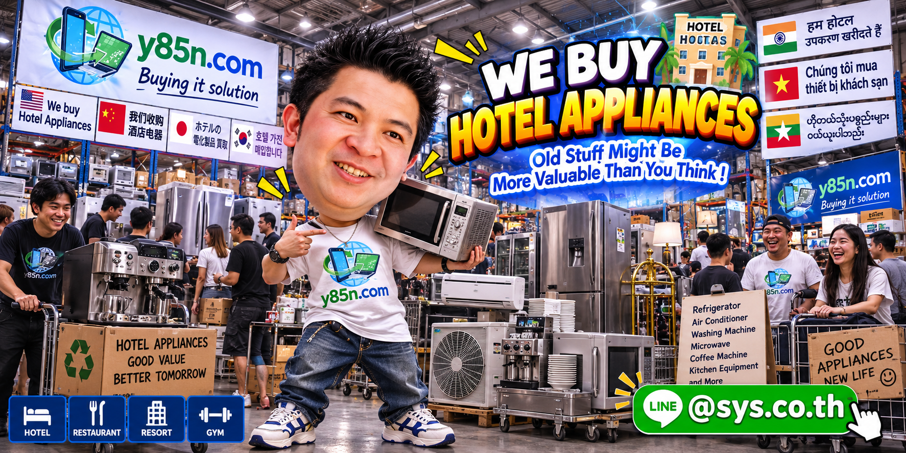 Busy Y85N.com warehouse showing hotel appliance buying in Thailand