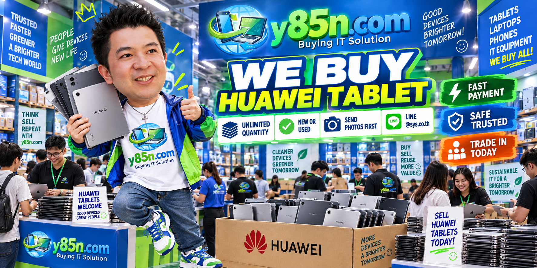 Y85N.com team and customers at a busy Huawei tablet buying warehouse