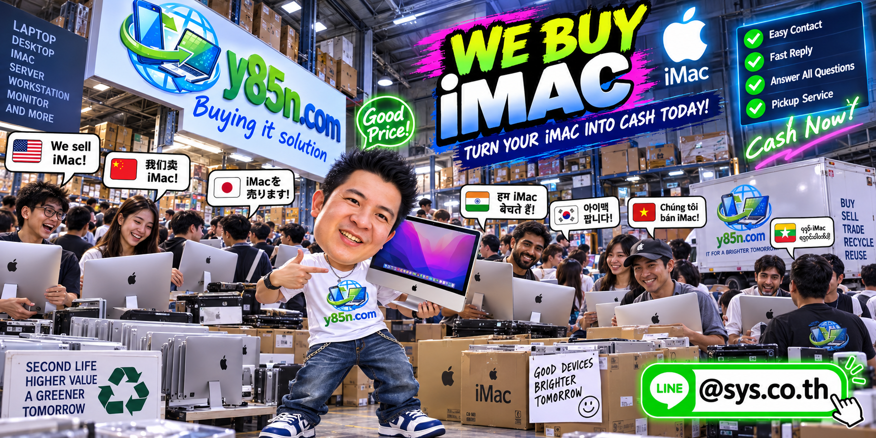 Y85N.com iMac contact banner with LINE sys.co.th