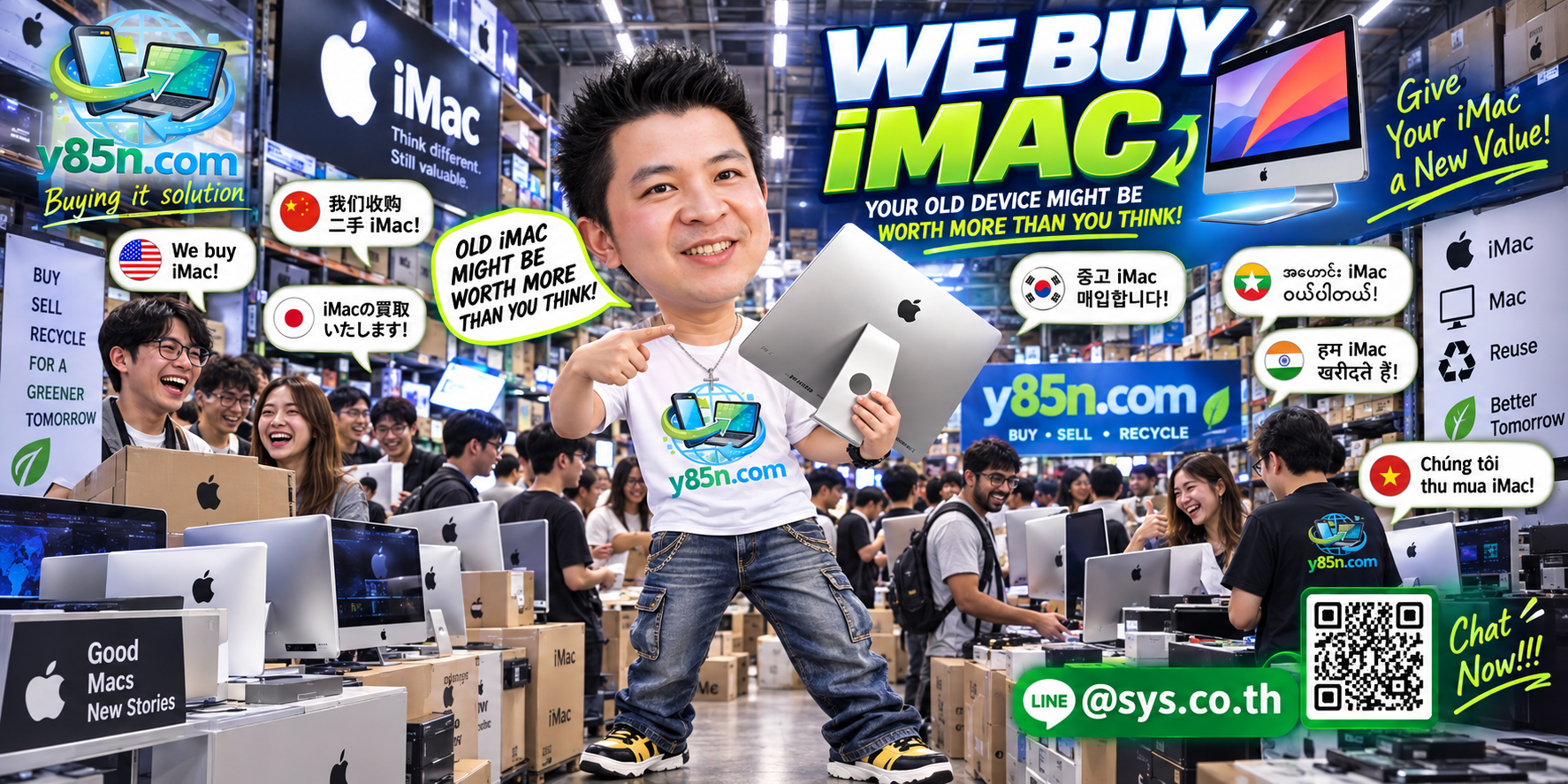 Y85N.com warehouse buying used Apple iMac computers in Thailand