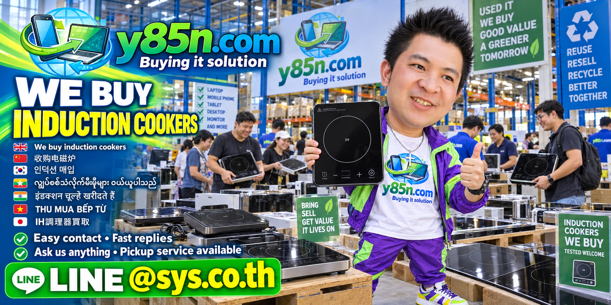 Y85N.com induction cooker buying service contact banner with LINE at sys.co.th