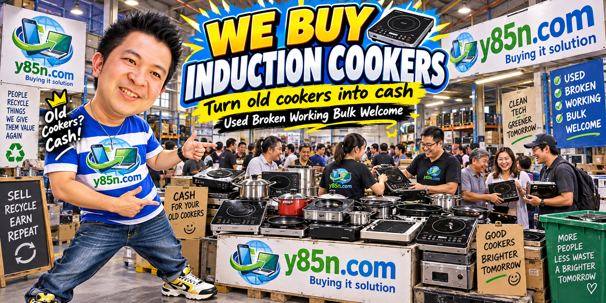 Busy Y85N.com warehouse showing a professional induction cooker buying service in Thailand