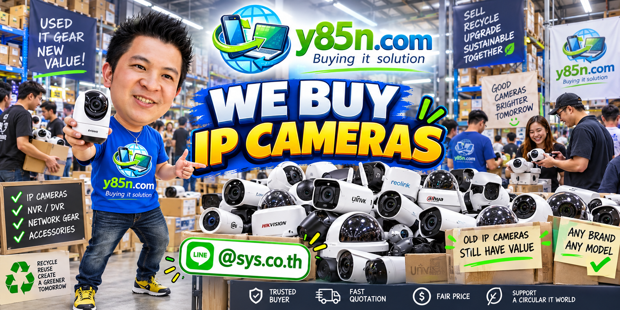 Y85N.com IP camera buying contact banner with LINE at sys.co.th