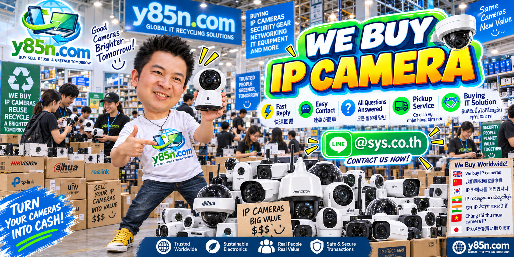 Y85N.com IP camera buying warehouse with staff and customers