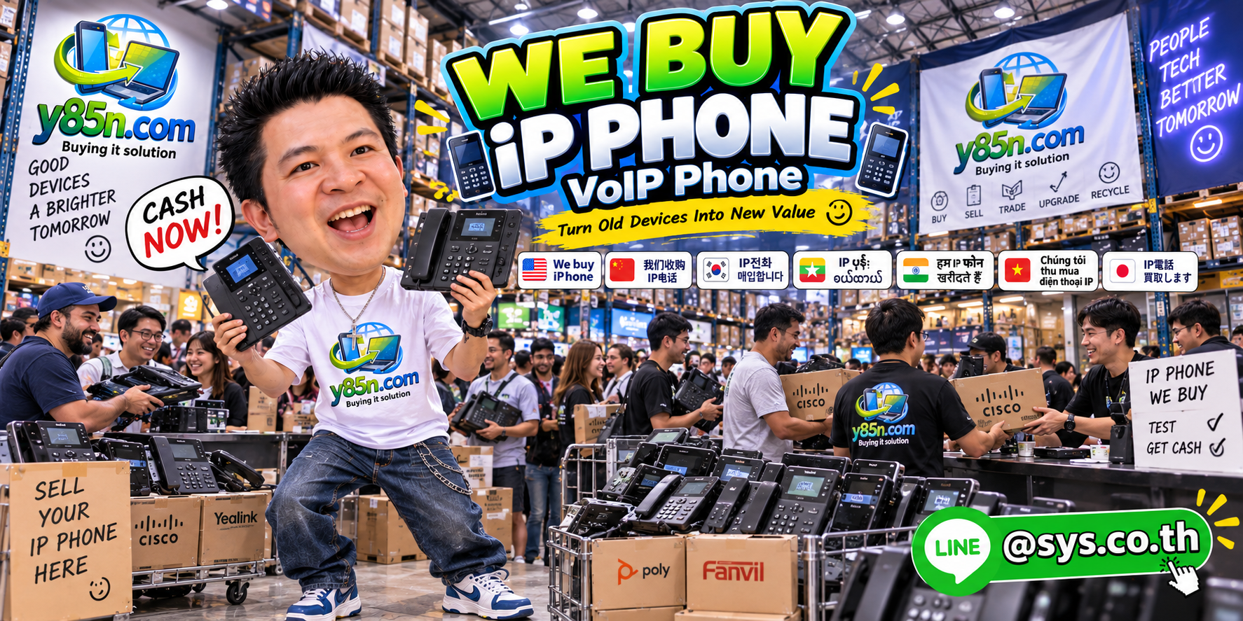 Busy Y85N.com warehouse buying used IP phone and VoIP business communication equipment in Thailand