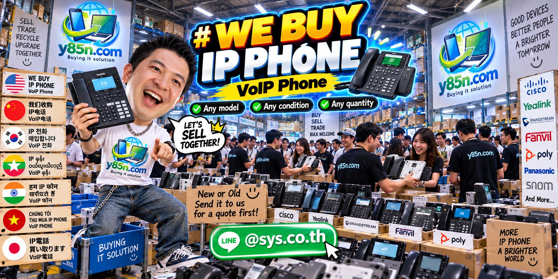 Y85N.com team and customers at a busy IP phone equipment buying warehouse