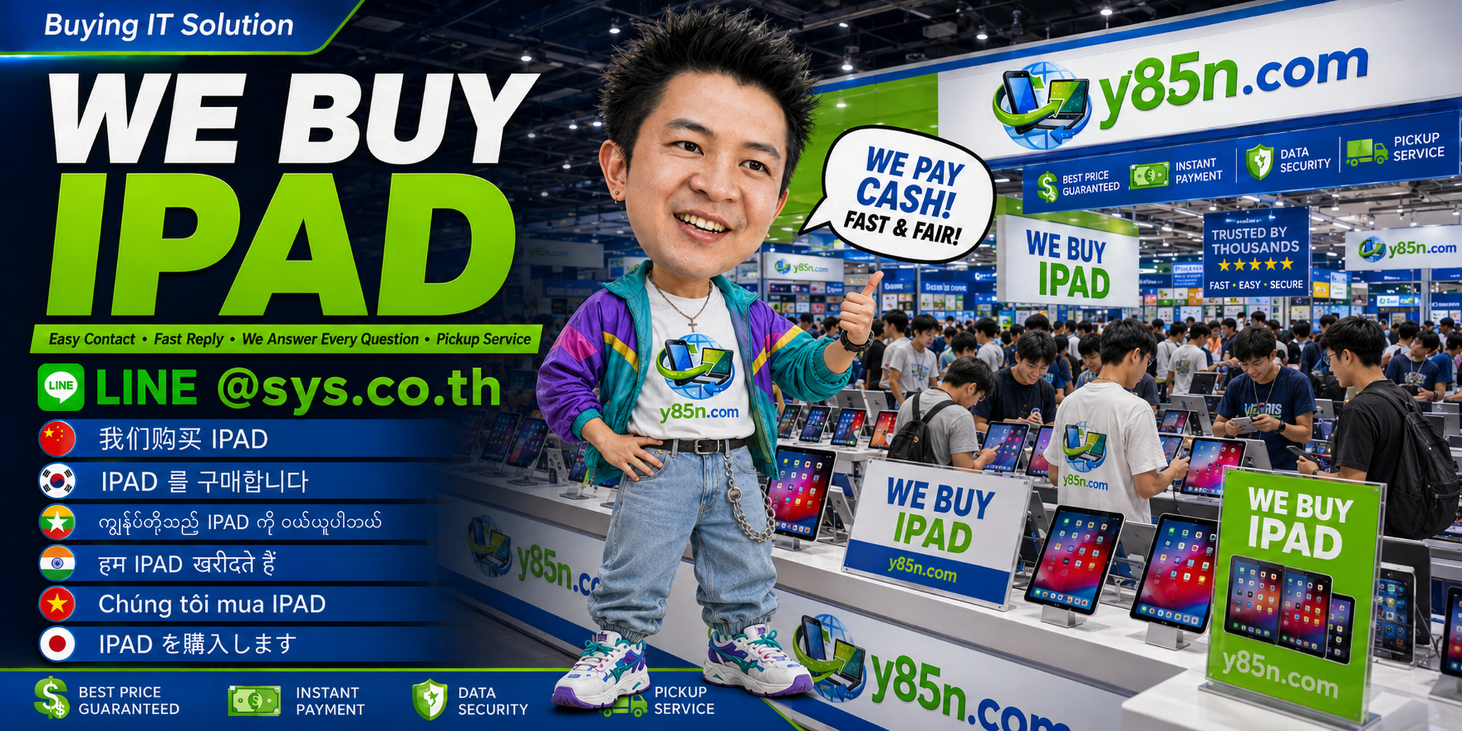 Y85N.com iPad buying service contact banner with LINE sys.co.th
