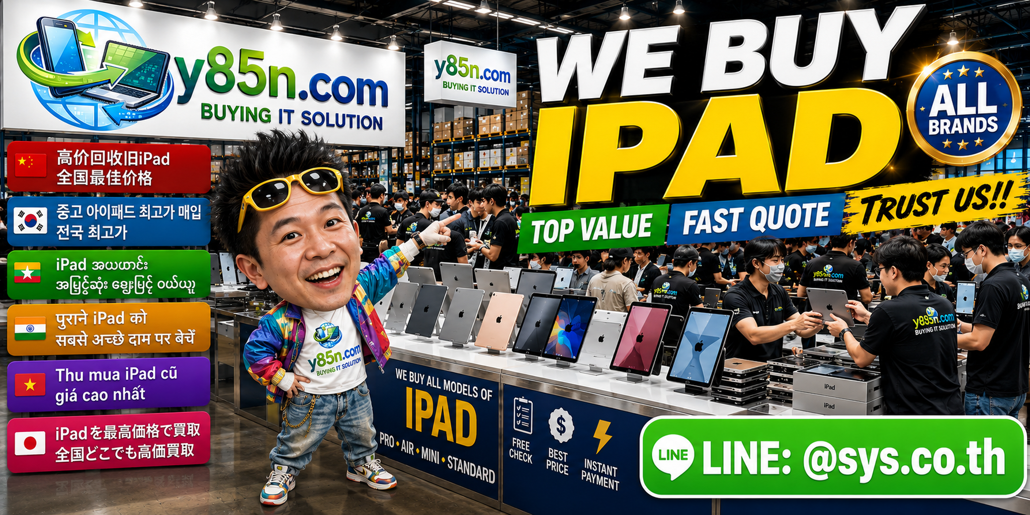 Y85N.com iPad buying service in a busy Thailand technology warehouse