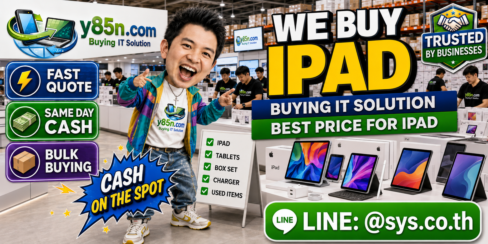 Y85N.com iPad buyer team and customers in a busy tablet warehouse