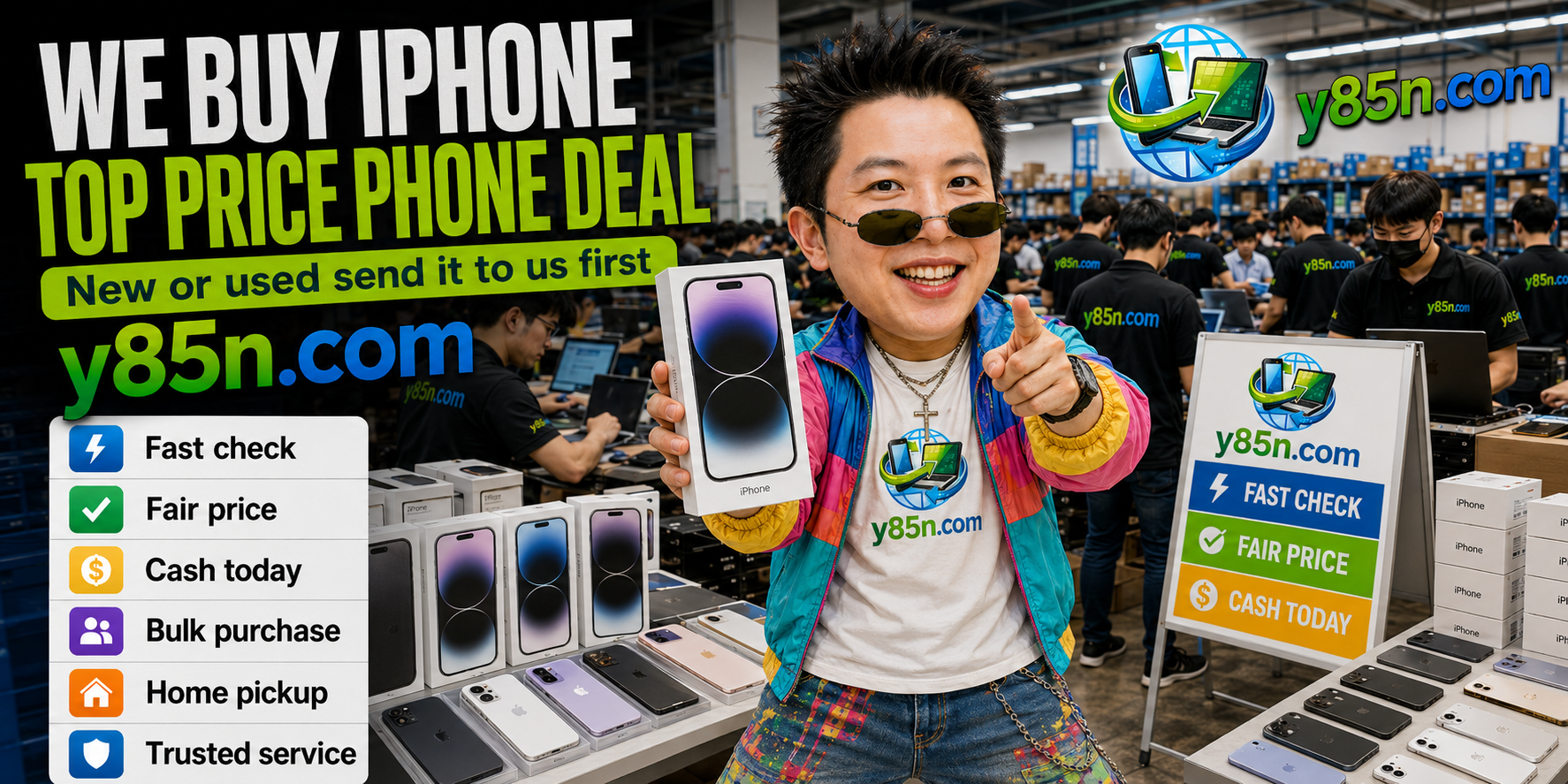 Y85N.com warehouse buying iPhone devices with international seller support