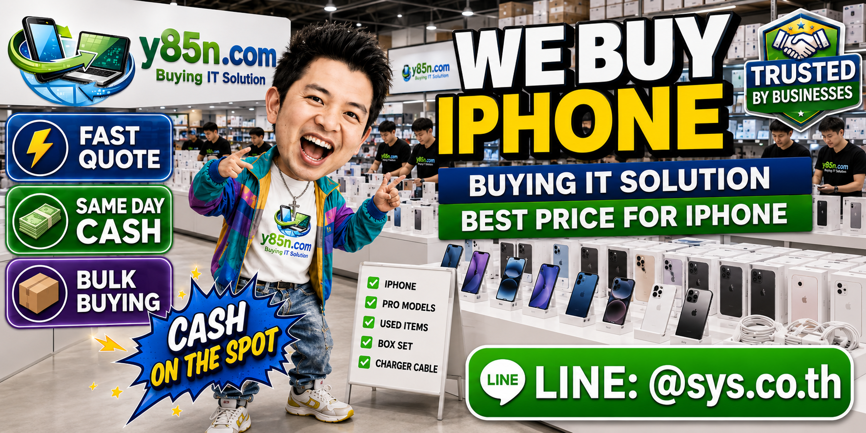 Y85N.com team and customers at a busy iPhone buying warehouse