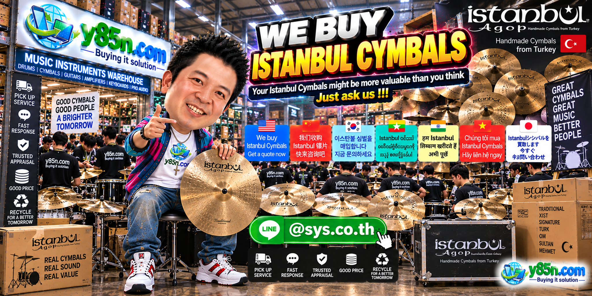 Y85N.com Istanbul cymbal buying service in a busy Thailand warehouse showroom