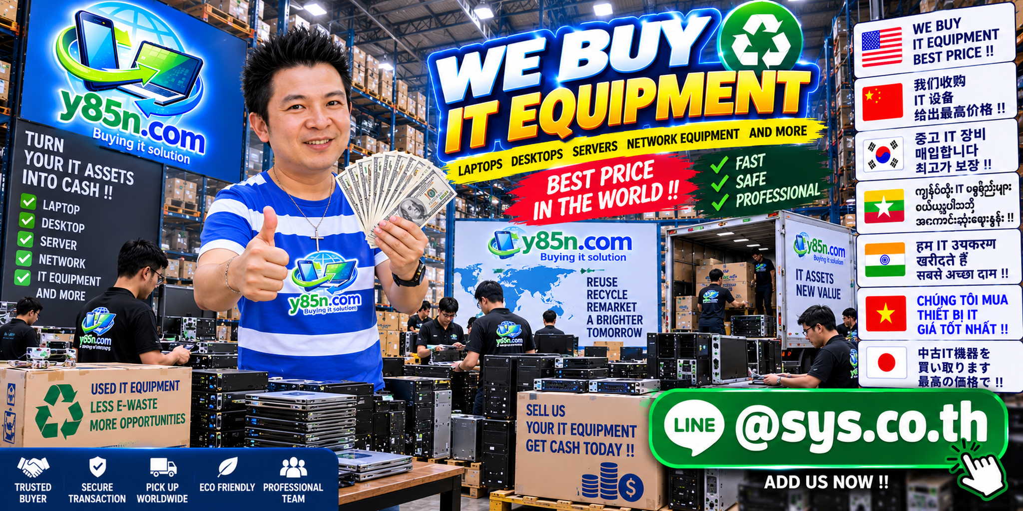 Y85N.com warehouse buying used IT equipment with international seller messaging
