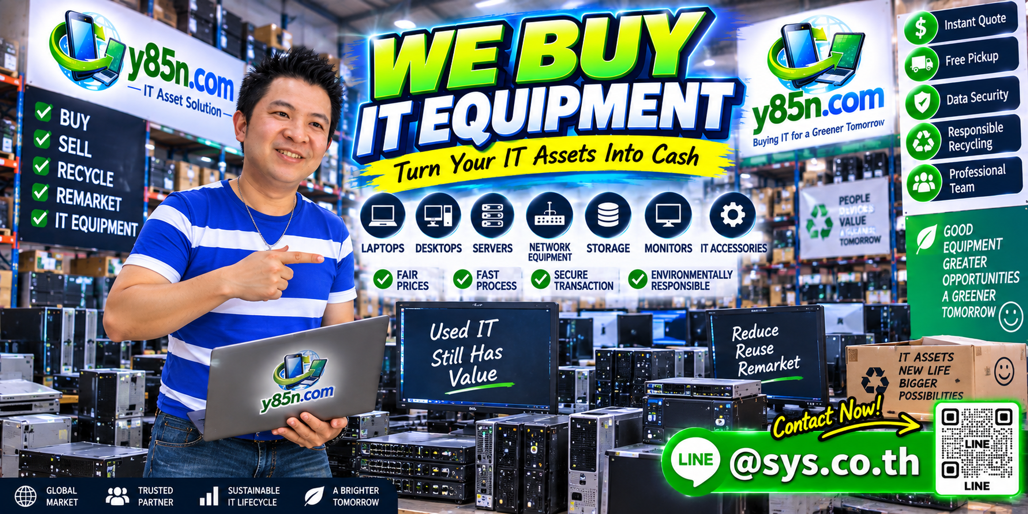 Y85N.com IT equipment buying service contact banner with LINE at sys.co.th