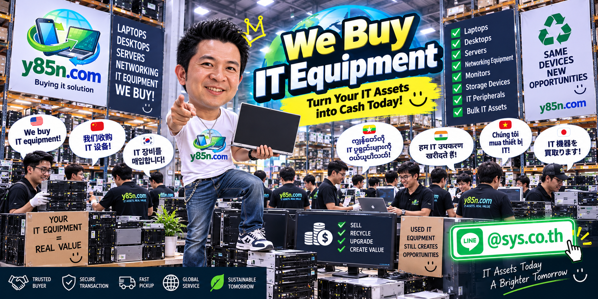 Busy Y85N.com IT warehouse showing an IT equipment buying service in Thailand